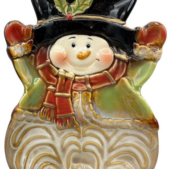Christmas Snowman Candy Dish Plate Ceramic Pottery Trinket Holly Scarf Green Red - Picture 3 of 6